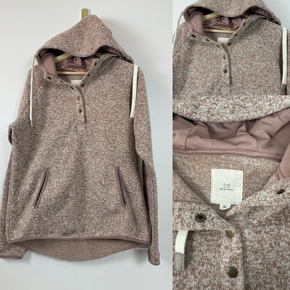 Thread + Supply 1/4 Zip‎ Heathered Pink Drawstring Button Down Hoodie XL